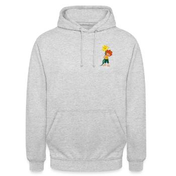 Pumuckl Design Mit Gelber Blume - Unisex Hoodie - Hellgrau meliert - Vorne - Alina (178cm) & Michal (187cm)