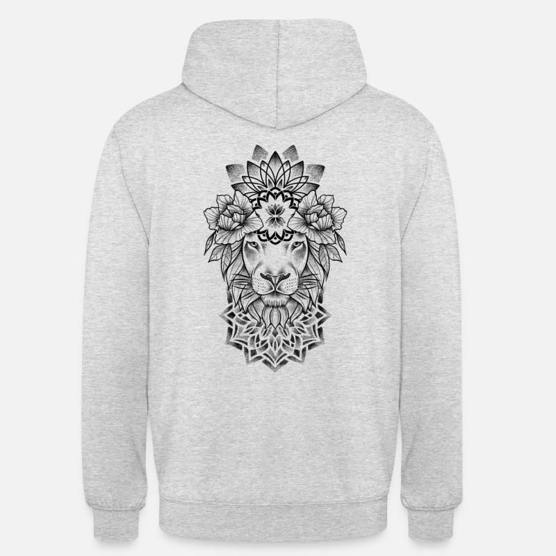 Lion and Mandala dotwork tatoveringskunst - Unisex-hettegenser - lysgrå melert