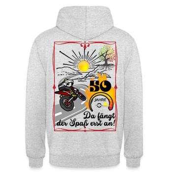 Ab 50 Jahren, Geschenkidee für Biker! +Lebensbaum - Unisex Hoodie - Hellgrau meliert - Hinten - Michal (187cm)
