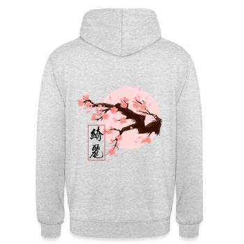 Kirschblüten mit schwarzen Kanji - Unisex Hoodie - Hellgrau meliert - Hinten - Michal (187cm)