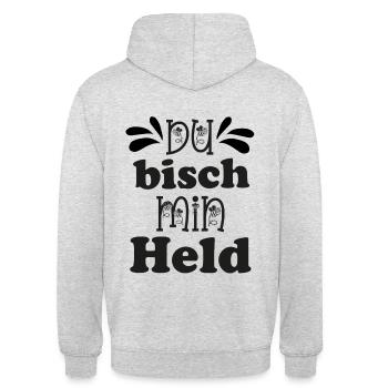 Du bisch min Held Patenonkel fragen Schweiz - Unisex Hoodie - Hellgrau meliert - Hinten - Michal (187cm)