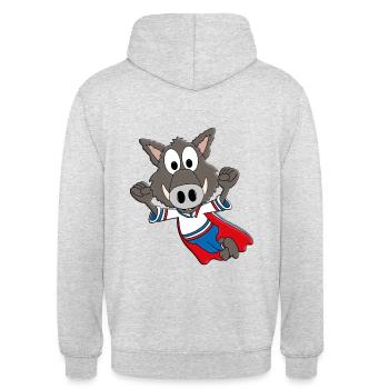 WILDSCHWEIN - KEILER - SUPERHELD - TIER - KINDER - Unisex Hoodie - Hellgrau meliert - Hinten - Michal (187cm)