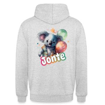 JONTE - Schöner Junge Name mit süßem PANDA - Unisex Hoodie - Hellgrau meliert - Hinten - Michal (187cm)