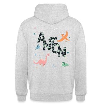 ANTON - Beau prénom de garçon avec dinosaure - Sweat-shirt à capuche unisexe - gris clair chiné - Dos - Michal (187cm)