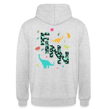 FINN - Beau prénom de garçon avec dinosaure - Sweat-shirt à capuche unisexe - gris clair chiné - Dos - Michal (187cm)