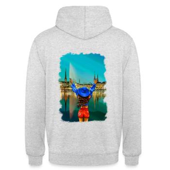 Hamburg woman brunette skyline illustration - Unisex Hoodie - light heather grey - Back - Michal (187cm)