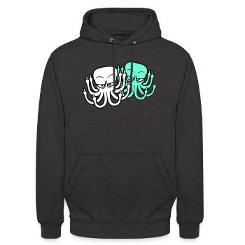 2 Octopus Middle Finger Insult Fuck Off Team - Unisex Hoodie - charcoal grey - Front - Alina (178cm) & Michal (187cm)