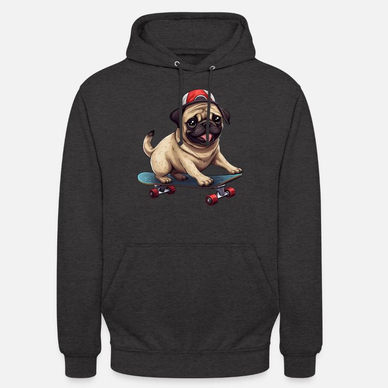 Skateboardender Mops: Dynamisches Hund- und - Unisex Hoodie - Anthrazit