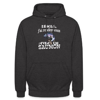 j'ai rendez vous avec un saumon - Sweat-shirt à capuche unisexe - charbon - Devant - Alina (178cm) & Michal (187cm)