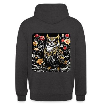 Hibou avec des vrilles de pétales de rose en aspect gravure sur bois - Sweat-shirt à capuche unisexe - charbon - Dos - Michal (187cm)