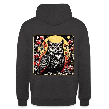 Hibou avec des vrilles de pétales de rose en aspect gravure sur bois - Sweat-shirt à capuche unisexe - charbon - Dos - Michal (187cm)