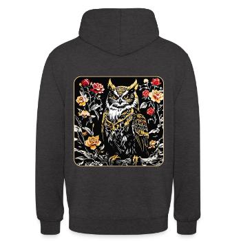 Hibou avec pétales de rose en aspect gravure sur bois - Sweat-shirt à capuche unisexe - charbon - Dos - Michal (187cm)