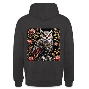 Hibou avec des vrilles de pétales de rose en aspect gravure sur bois - Sweat-shirt à capuche unisexe - charbon - Dos - Michal (187cm)