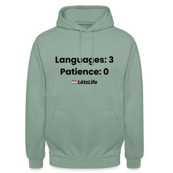 Languages: 3, Patience: 0 – Multilingual humor - Unisex Hoodie - steel green - Front - Alina (178cm) & Michal (187cm)