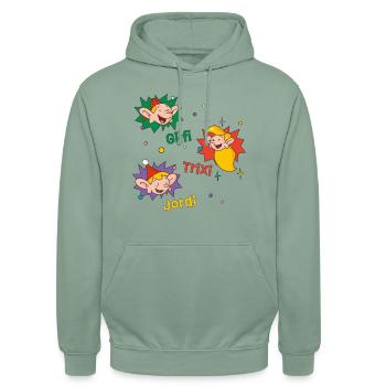 Weihnachtsmann & Co. KG Gilfi, Trixi Und Jordi - Unisex Hoodie - Graugrün - Vorne - Alina (178cm) & Michal (187cm)