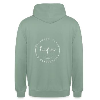 Weisheit Leben - Gedanken, Taten und Handlungen - Unisex Hoodie - Graugrün - Hinten - Michal (187cm)