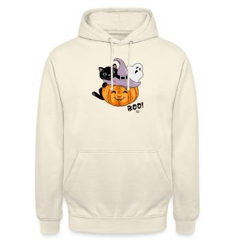 Smiling pumpkin with black cat and ghost - Unisex Hoodie - vanilla - Front - Alina (178cm) & Michal (187cm)