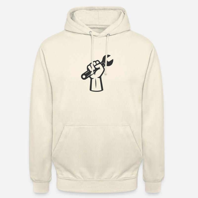 Logo della chiave inglese che tiene la mano. Strumento pugno e chiave inglese - Felpa con cappuccio unisex - milkshake
