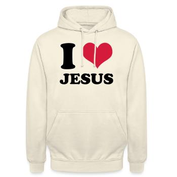 J'aime Jésus - Sweat-shirt à capuche unisexe - vanille - Devant - Alina (178cm) & Michal (187cm)
