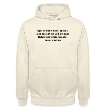 Kuhstreichler Bauer Melken - Unisex Hoodie - Vanille-Milchshake - Vorne - Alina (178cm) & Michal (187cm)