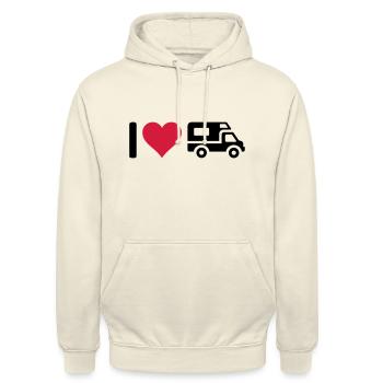 I love camping Wohnmobil - Sweat-shirt à capuche unisexe - vanille - Devant - Alina (178cm) & Michal (187cm)