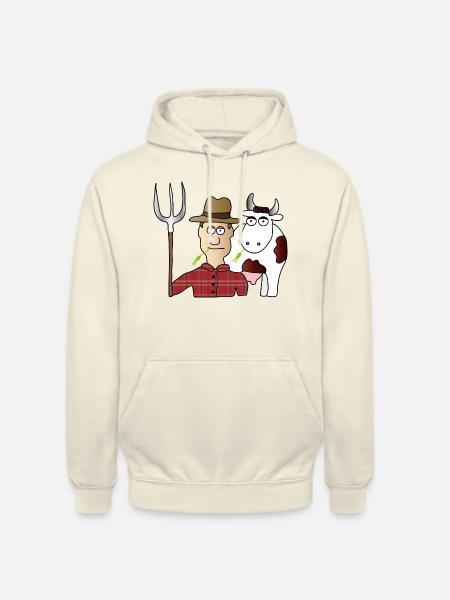 Peasant & Cow | Farmer | Cows Milking | pitchfork - Unisex Hoodie - vanilla
