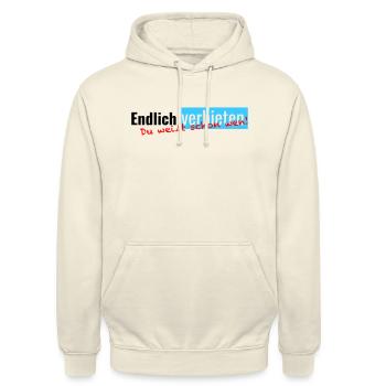 Endlich verbieten - Du weißt schon wen! - Unisex Hoodie - Vanille-Milchshake - Vorne - Alina (178cm) & Michal (187cm)