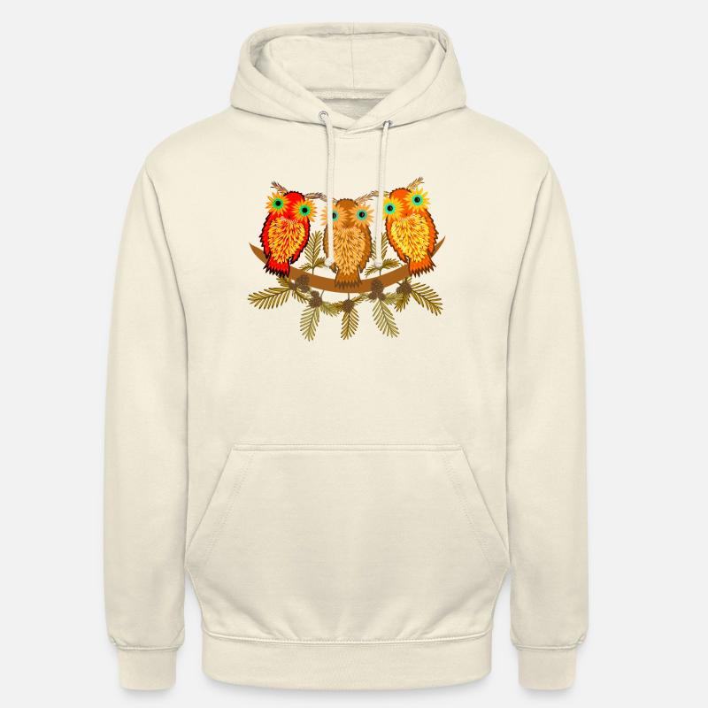 Drei bunte Eulen mit Kiefernzweigen - Unisex Hoodie - Vanille-Milchshake