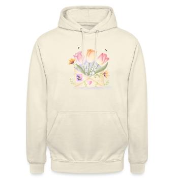 Liebesbrief mit Blumen. Personalisierbar - Unisex Hoodie - Vanille-Milchshake - Vorne - Alina (178cm) & Michal (187cm)