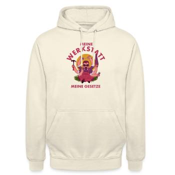 Meine Werkstatt meine Gesetze Schrauber - Unisex Hoodie - Vanille-Milchshake - Vorne - Alina (178cm) & Michal (187cm)
