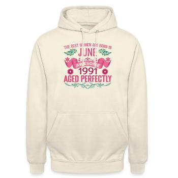 June 1991 Female Birthday June 1991 - Unisex Hoodie - vanilla - Front - Alina (178cm) & Michal (187cm)