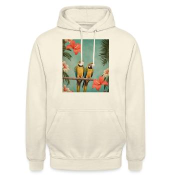 Zwei Papageien auf einem Ast mit Hibiskusblüten - Unisex Hoodie - Vanille-Milchshake - Vorne - Alina (178cm) & Michal (187cm)