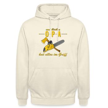Opa hat alles im Griff - Motorsäge - Kettensäge - Unisex Hoodie - Vanille-Milchshake - Vorne - Alina (178cm) & Michal (187cm)