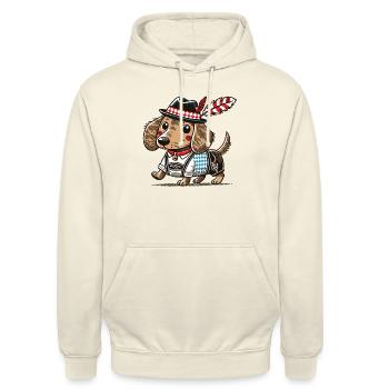 Der bayerische Dackel in Lederhose - Unisex Hoodie - Vanille-Milchshake - Vorne - Alina (178cm) & Michal (187cm)