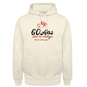 signer 60 ans anniversaire anniv 60 ans signature - Sweat-shirt à capuche unisexe - vanille - Devant - Alina (178cm) & Michal (187cm)