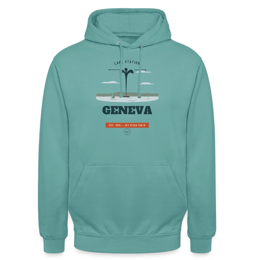 Geneva badge on a unisex hoodie, pastel turquoise