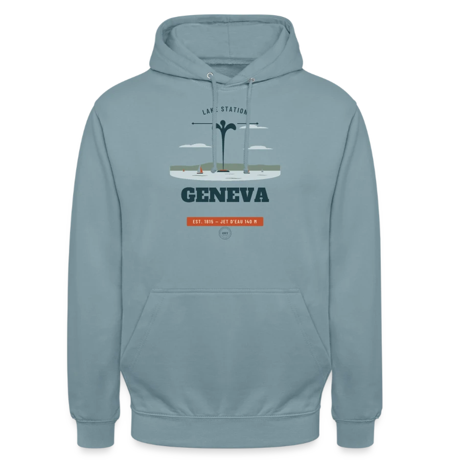 Geneva badge on a unisex hoodie, stonewash blue