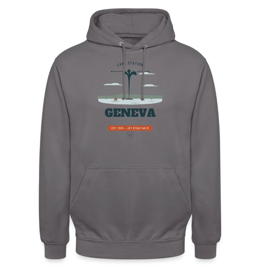 Geneva badge on a unisex hoodie, elephant grey