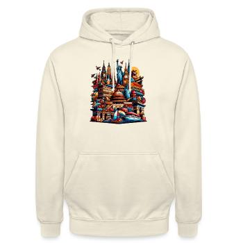 Weltbekannte Wahrzeichen Collage - Unisex Hoodie - Vanille-Milchshake - Vorne - Alina (178cm) & Michal (187cm)