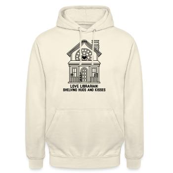 Love Librarian: Umarmungen und Küsse im Regal aufbewahren - Unisex Hoodie - Vanille-Milchshake - Vorne - Alina (178cm) & Michal (187cm)