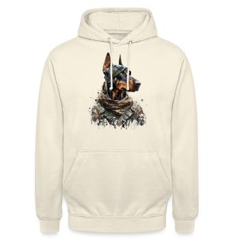 Doberman en tant que soldat - Sweat-shirt à capuche unisexe - vanille - Devant - Alina (178cm) & Michal (187cm)