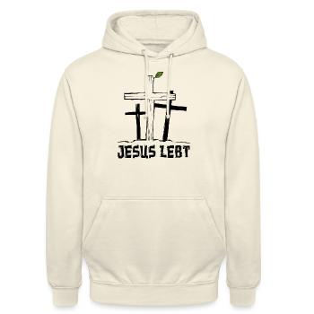 Jesus lebt - Kreuz Auferstehung Hoffnung Glaube - Unisex Hoodie - Vanille-Milchshake - Vorne - Alina (178cm) & Michal (187cm)