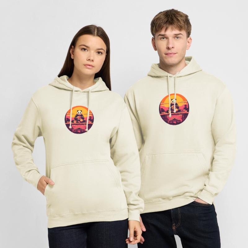 Synthwave mangeant Panda Japon Coucher de soleil Sweat-shirt à capuche unisexe