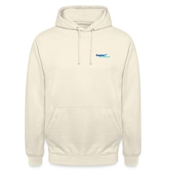 Stromberg Gesticktes Logo Der Capitol Versicherung - Unisex Hoodie - Vanille-Milchshake - Vorne - Alina (178cm) & Michal (187cm)
