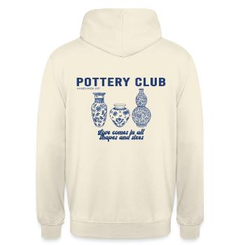 "Pottery Club"- Töpfer Hobby Illustration Rücken - Unisex Hoodie - Vanille-Milchshake - Hinten - Michal (187cm)