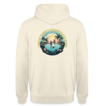 Strandstimmung & Flitterwochen-Gezeiten. - Unisex Hoodie - Vanille-Milchshake - Hinten - Michal (187cm)