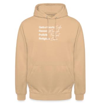 Geburtsort Erde Rasse Mensch - Unisex Hoodie - Pfirsich - Vorne - Alina (178cm) & Michal (187cm)