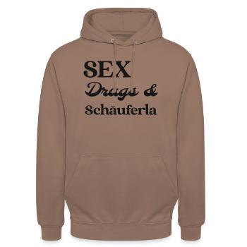 Sex, Drugs and Schäuferla - Unisex Hoodie - Mokka - Vorne - Alina (178cm) & Michal (187cm)