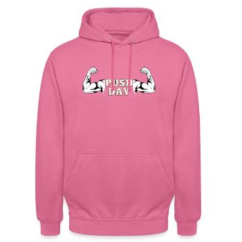 Offizielles Gym "push day" Shirt für Fitnessfans - Unisex Hoodie - Pink - Vorne - Alina (178cm) & Michal (187cm)
