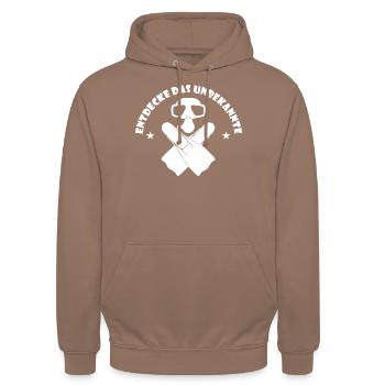 Entdecke das Unbekannte Apnoetaucher - Unisex Hoodie - Mokka - Vorne - Alina (178cm) & Michal (187cm)